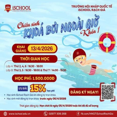 iSCHOOL Rạch Giá Chiêu Sinh Lớp Bơi Ngoài Giờ - Khóa 1 Năm 2026